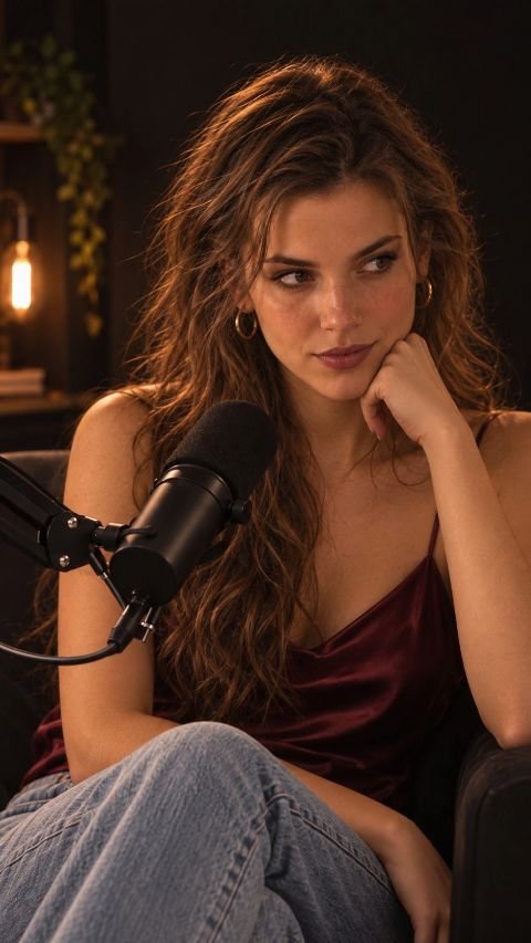 Lucie dans son studio, en soie bordeaux, devant son micro